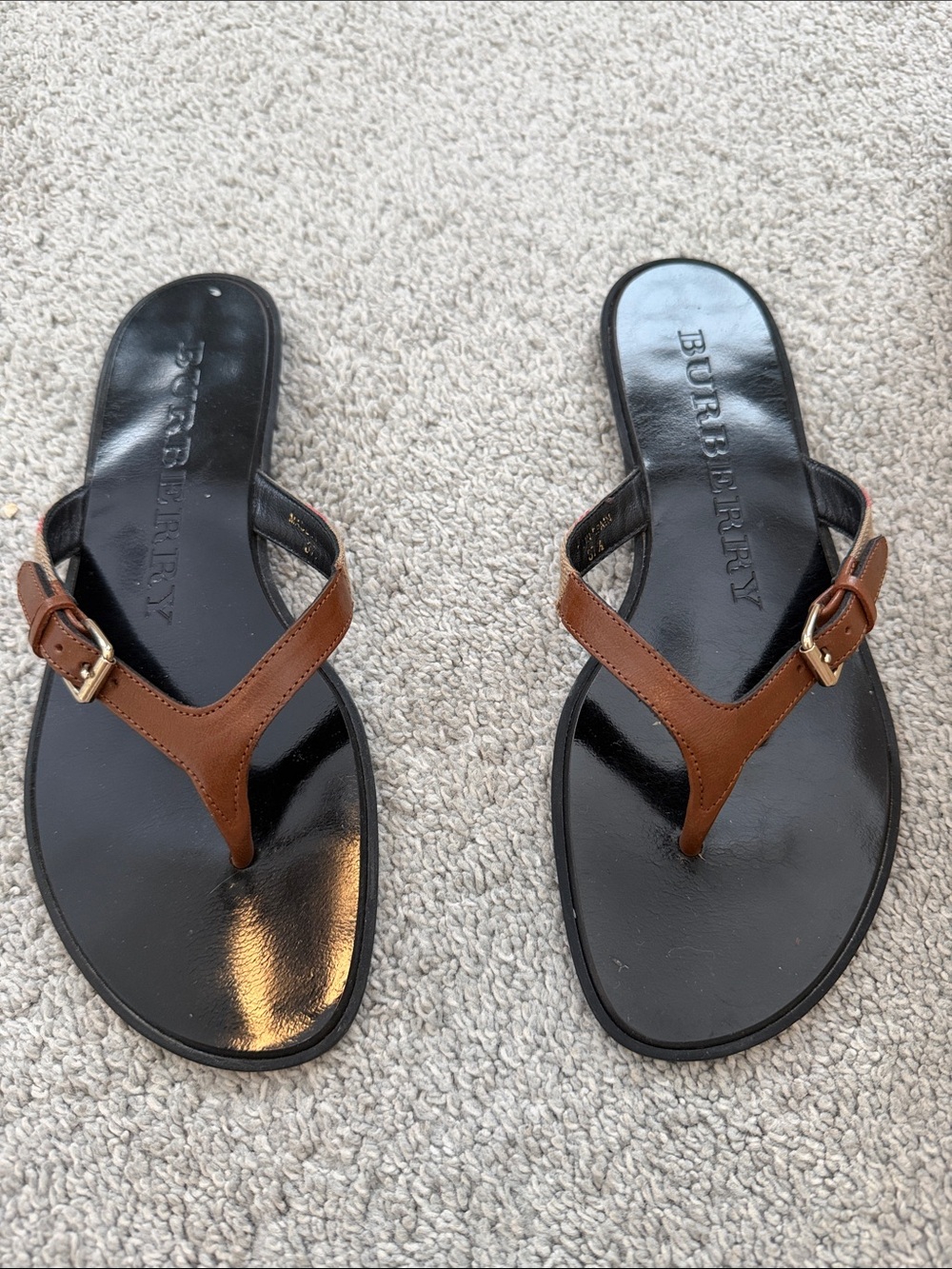 Burberry Black & Brown Leather Thong Sandals with Gold Buckles
